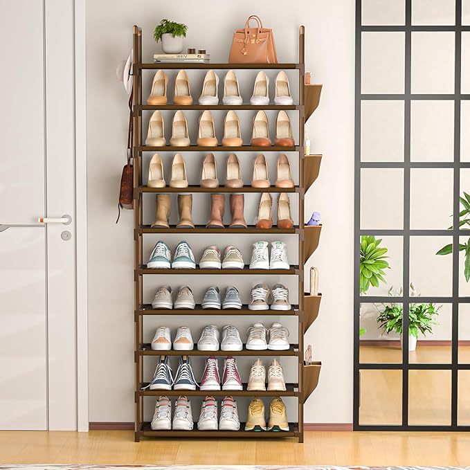 LUKYTOWER Tall Shoe Rack - 10 Tier Organizer for Closet, 30-35 Pairs, Large Capacity with 5 Hooks and Side Pocket, Sturdy Met