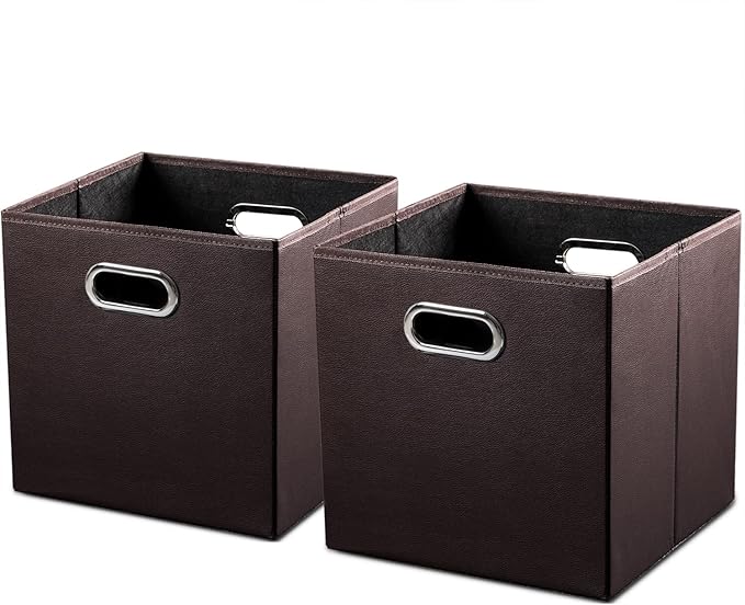 PRANDOM Leather Foldable Cube Storage Bins 13x13 inch [2-Pack] Fabric Storage Baskets Cubes Drawer with Cotton Handles Organi