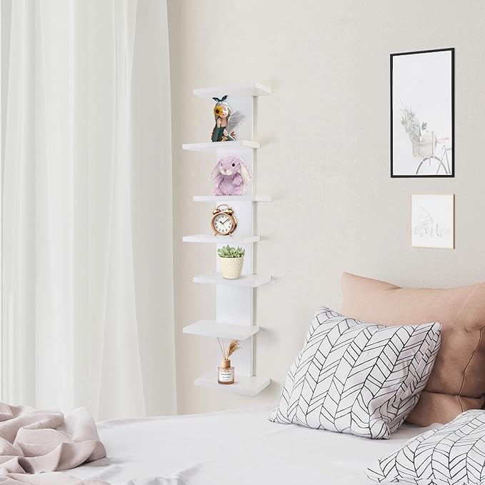 7 Tier Wall Shelf Unit-White Floating Shelves for Home Decor, Modern Unique Asymmetric Design for Bedroom & Living Room Stora