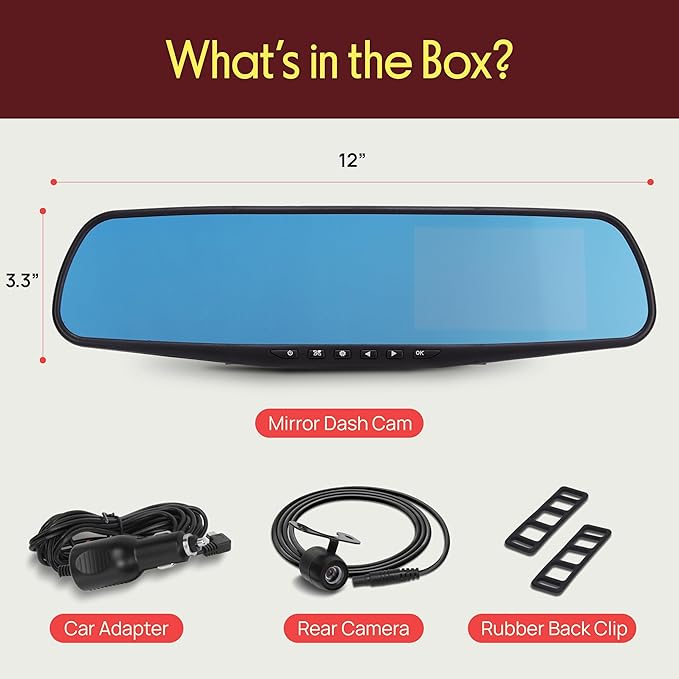 Pyle Dash Cam Rearview Mirror - 4.3” DVR Monitor Rear View Dual Camera Video Recording System in Full HD 1080p w/Built in G-S