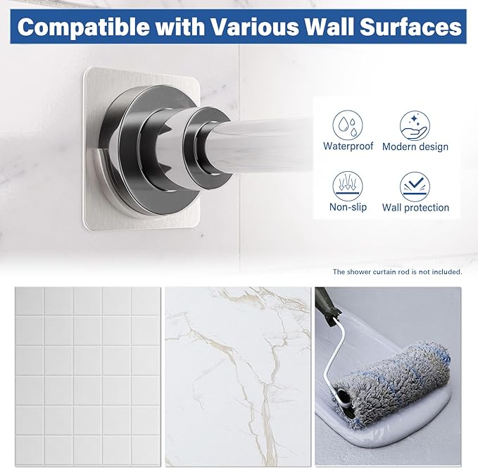 Brushed Metal Shower Rod Holders 2 Pack, Heavy-Duty Adhesive Shower Curtain Rod Brackets, No Drilling/Screw Mount, Rustproof 