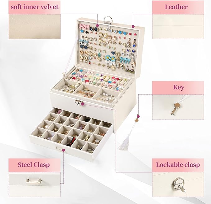 BOOVO Earring Jewelry Box For Women Girl Stud Organizer, 5 Layers Girl Jewelry Organizer Box With Lock Earring Holder Organiz