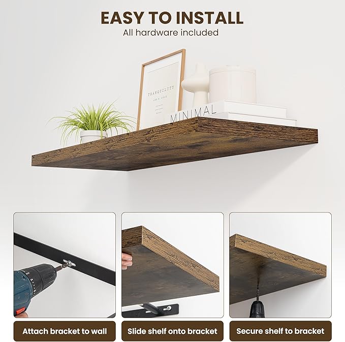 Dreamland 32" Floating Shelves for Wall, 12" Deep Slim Rustic Brown Floating Shelves, Wall-Mounted Shelves for Bedroom, Livin