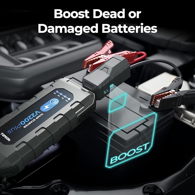Car Battery Jump Starter and Battery Tester TOPDON 2-in-1 2200A Peak Jump Starter for Up to 8L Gas/6L Diesel Engines 12V