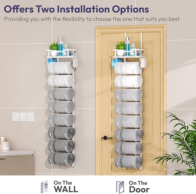 SWTYMIKI Over The Door Towel Rack - 9 Tier Towel Racks for Bathroom Wall Mounted, Towel Holder with Shelf, Hanging Rolled Tow