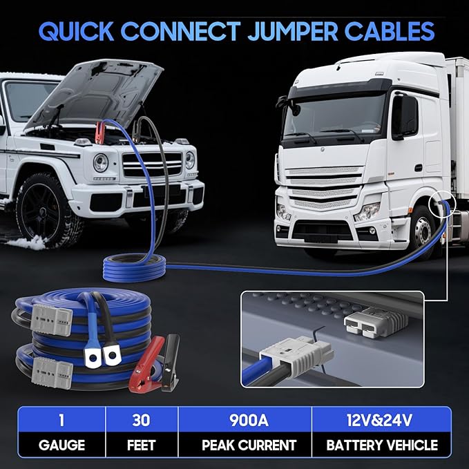 Heavy Duty Jumper Cables - 1 Gauge 30 Feet 900Amp Automotive Booster Jumper Cables with 175A Battery Quick Connect and Permanent Installation kit for Car, SUV and Trucks Battery - (SB175 Gray)