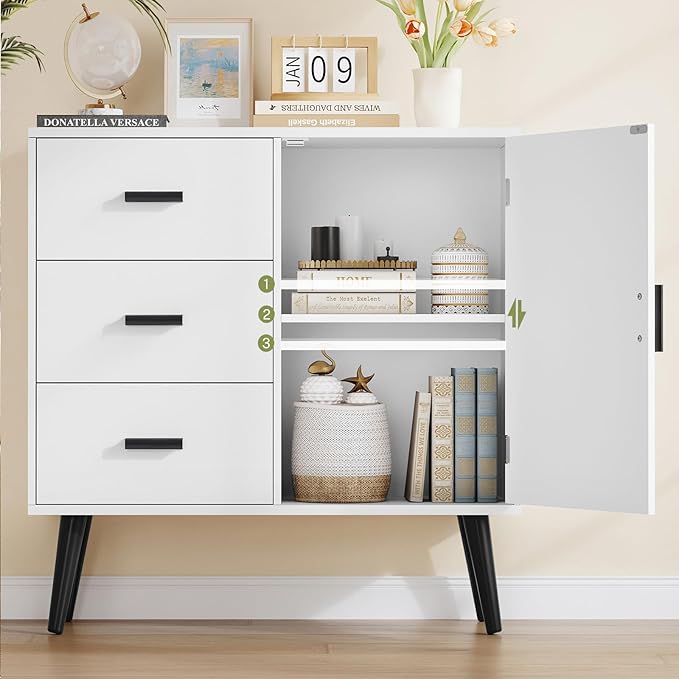 Iwell Storage Cabinet with 3 Drawers, Sideboard Buffet Cabinet with Adjustable Shelf, Freestanding Floor Storage Unit for Liv