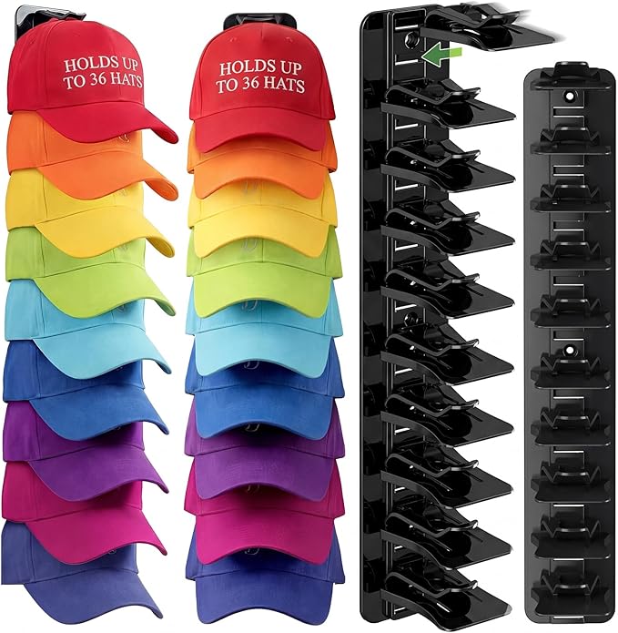 2 Pack Hat Organizer for Baseball Caps, Each Holds 18 Hats (36 Total), Customizable Wall Hat Rack, Adhesive or Screw-in Insta