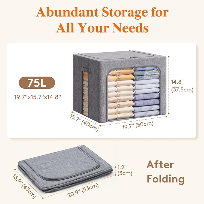 Lifewit Clothes Storage Bins with Metal Frame, Stackable Storage Box, Foldable Clothing Storage Bins with Lids, 75L Storage B