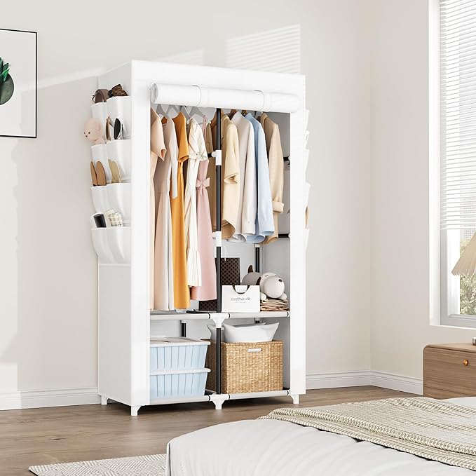 Portable Closet for Hanging Clothes, Portable Wardrobe Closet with Cover, 4 Storage Shelves, 2 Hanging Rods and 8 Side Pocket