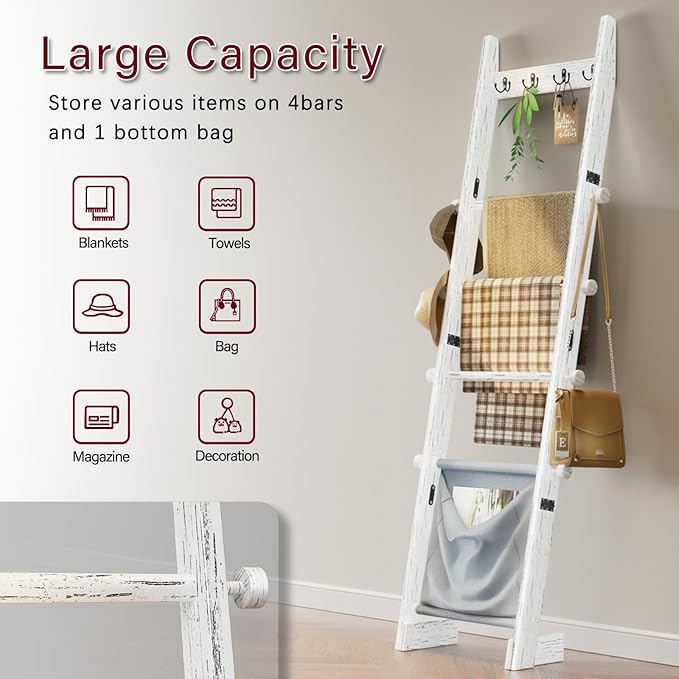 REFGY 5-Tier Blanket Ladder Shelf, 5.3FT (63'') Wall Leaning Blanket Ladders for Living Room Bedroom, Decorative Quilt Rack w