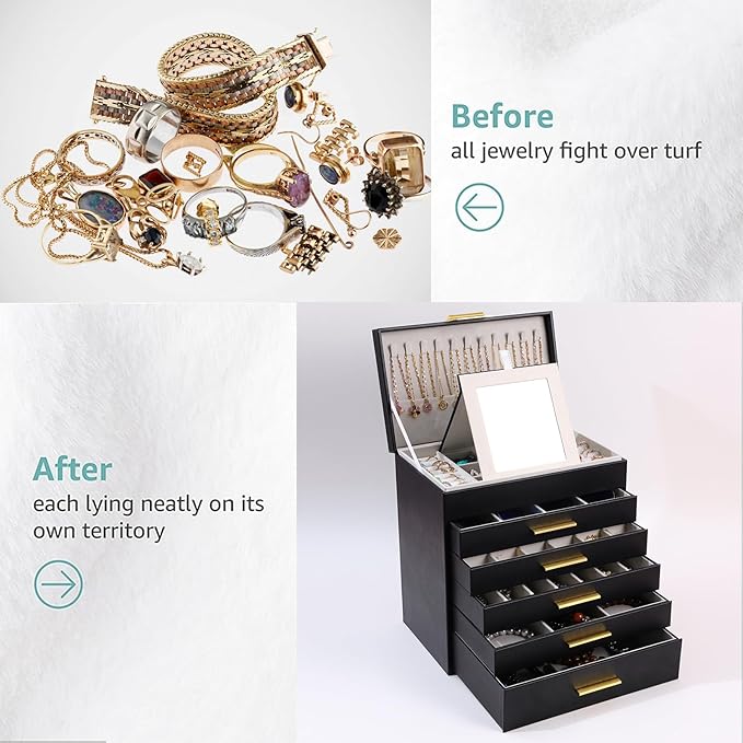 BOOVO Jewelry Boxes for Women, White and Black 6 Layer Large Jewelry Box for Necklace, Bracelet, Earrings, Rings Storage, Jew