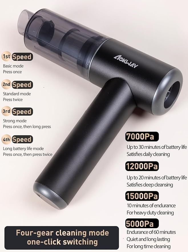 aokway Car Vacuum Portable Cordless 15000PA Powerful Suction, 7500mAh, 4-in-1, High Power Mini Vacuum Cleaner for Car, Home, 