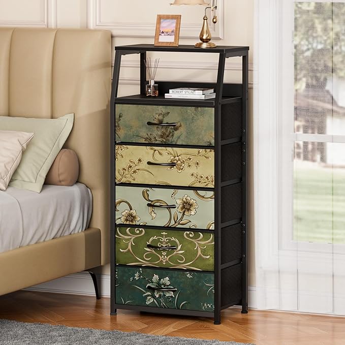 Furnulem Retro 5 Drawers Dresser, Tall Dressers for Bedroom, Closet, Hallway, Nursery, Fabric Storage Tower Organizer, Vertic