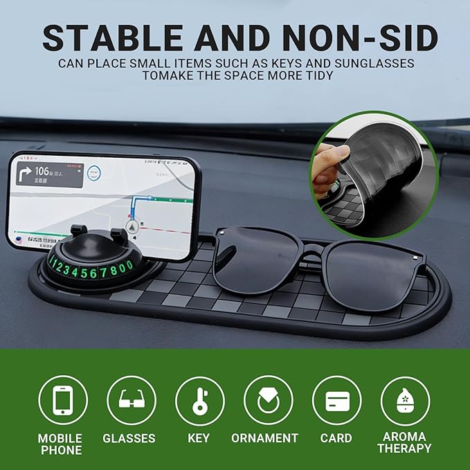 Multifunctional Car Anti-Slip Mat,Car Anti Slip Mat Phone Holder, with Temporary Parking Number, 360° Rotating Adjustable Uni