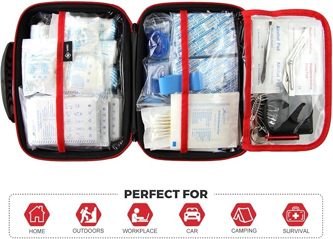 Compact First Aid Kit (228pcs) Designed for Family Emergency Care. Waterproof EVA Case and Bag is Ideal for The Car, Home, Bo