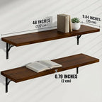 48Inch Solid Pine Wood Floating Shelves Set of 3, Walnut Wood Wall-Mounted Storage Shelves with Heavy-Duty Metal Brackets | D