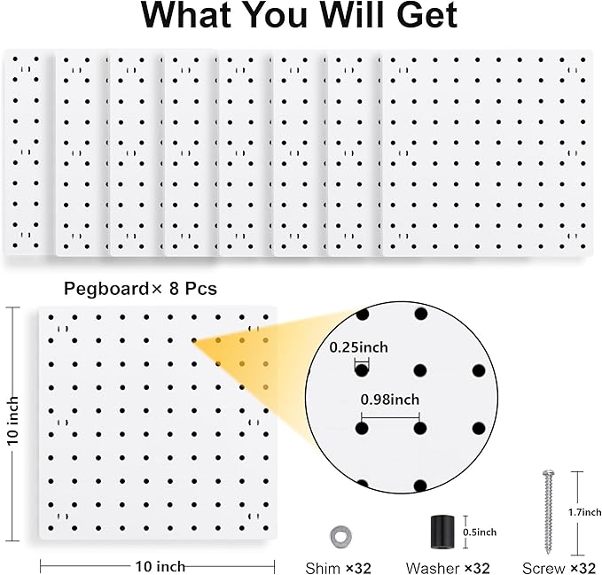 8PCS Pegboard Wall Organizer Panels, White Pegboard Wall Mount for Craft Room, Garage, Kitchen, Living Room, Bathroom, and St