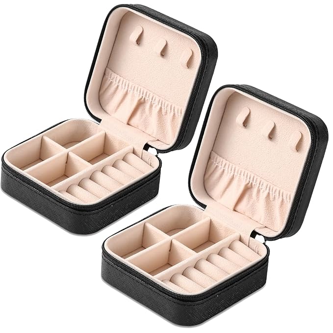 Neveika 2pcs Portable Travel Mini Jewelry Box Leather Jewellery Ring Organizer Case Storage Gift Box Girls Women (black).