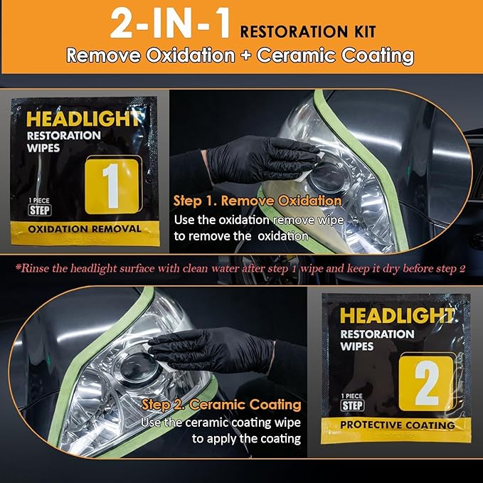 Car Headlight Restoration Kit, 2-Step Headlight Cleaner with Oxidation Removal & Ceramic Coating Wipes, Removes Oxide & Yellowing Restore Clarity, Headlight Polish Restorer Kit (2 Set)