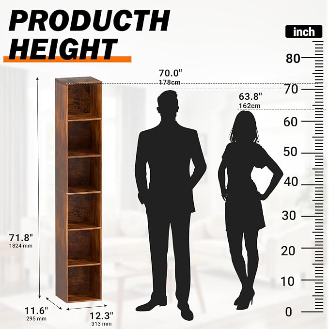 Cube Storage Organizer, 6 Cube Retro Bookshelf, Freestanding 6 Tier Open Shelf, Rustic Brown Retro Shelves for Home Office, B