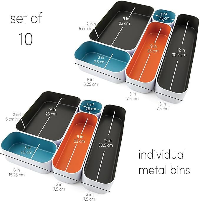 Three by Three Seattle 10 Piece Metal Organizer Tray Set for Storing Makeup, Stationery, Utensils, and More in Office Desk, K