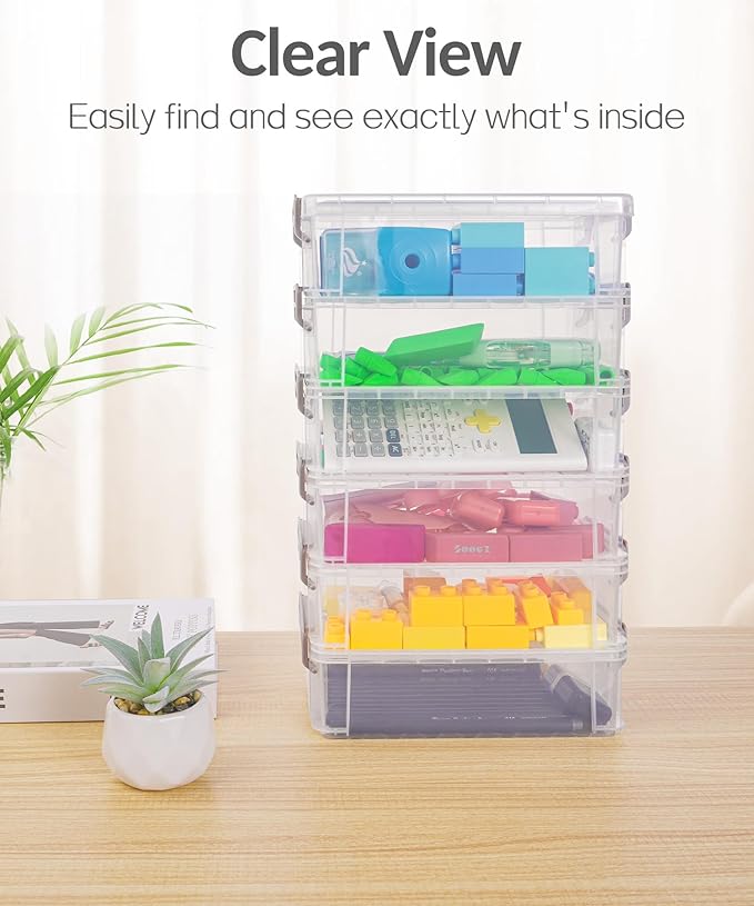Sooez 6 Pack Extra Large Pencil Box, Plastic Hard Pencil Case Crayon Box Bulk, Clear Marker Organizer Plastic Containers with