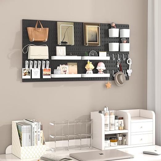 Pegboard Combination Kit, 8 Peg Boards and 30 Accessories Modular Hanging Black Pegboard for Wall, Office Organizer, Keys Hol