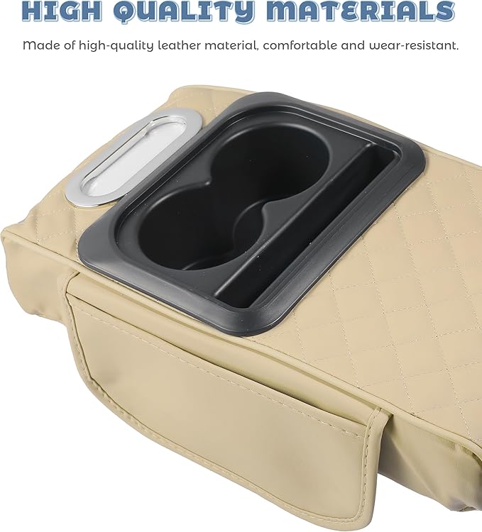 Car Armrest Storage Box,Car Accessories Console Organizers and Storage,Universal Waterproof Leather Console Cover with Cup Holder and Phone Holder,Suitable for Most Cars (Embroidered, Beige)