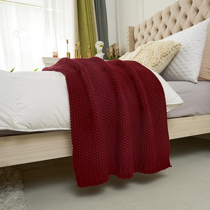 Chunky Cable Knit Throw Blanket Lightweight Wine red 100% Organic Cotton Blanket for Sofa Couch Bed Baby Nursery, Rustic Shab