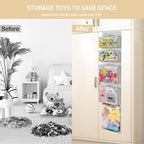 Woodoulogy Hanging Toy Storage over Door, Block Stuffed Animal Organizer Idea with 4 Removable Case Bag, Bi-Fold Closet Holde