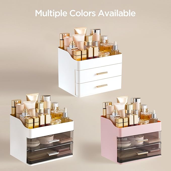 HBlife Makeup Organizer for Vanity with 2 Drawers, Large Bathroom Countertop Cosmetics Organizer Skin Care Storage, Easy to S
