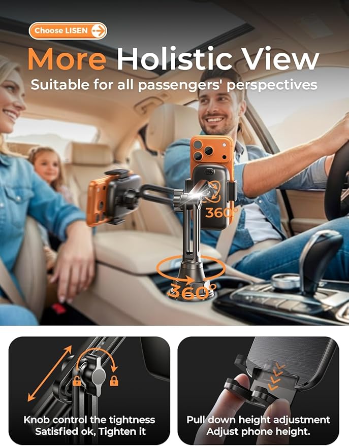 LISEN Upgraded Version Cup Holder Phone Holder 360° Adjustable Long Neck Car Phone Mount Golf Cart Phone Holder, Truck Jeep Accessories for iPhone 17 Air Pro Samsung Google and All 4-7'' Phone
