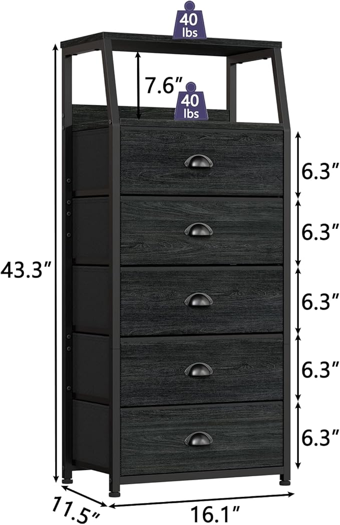 Furnulem Black Dresser with 5 Drawers, Vertical Storage Tower Fabric Dresser for Bedroom, Hallway, Entryway, Nursery, Closet 