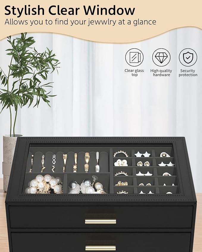 AKOZLIN Jewelry Box with Clear Lid Functional Leather Jewelry Storage Organizer Case 2 Drawers for Women Girls Necklace Ring 