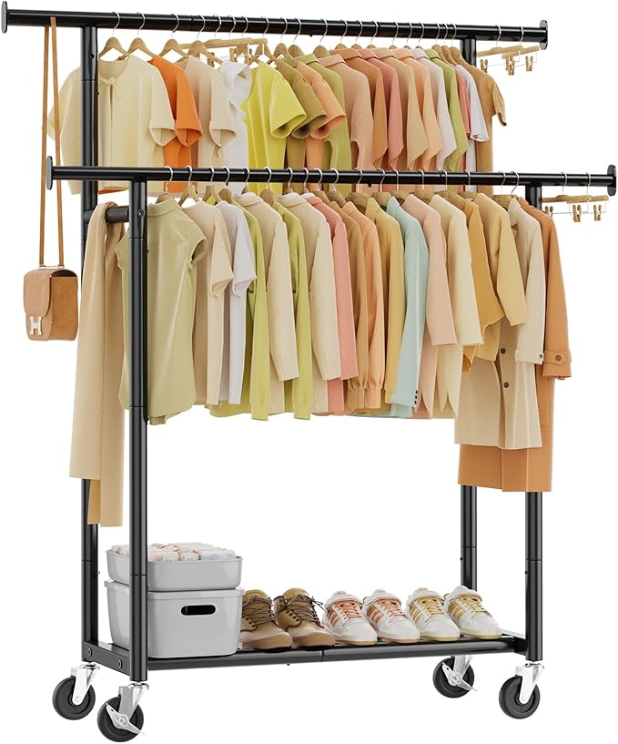Simple Trending Clothes Rack, Double Rods Clothing Rack for Hanging Clothes, Metal Garment Rack with Rolling Wheels, Portable