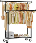 Simple Trending Clothes Rack, Double Rods Clothing Rack for Hanging Clothes, Metal Garment Rack with Rolling Wheels, Portable