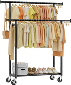 Simple Trending Clothes Rack, Double Rods Clothing Rack for Hanging Clothes, Metal Garment Rack with Rolling Wheels, Portable