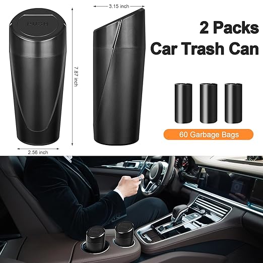 Car Trash Can, 2 Packs Mini Car Trash Bin with Lid, Leakproof Cup Holder Car Garbage Can with 60 Trash Bags, Vehicle Front Back Seat Organizers and Storage for Car, Home, Office, Black