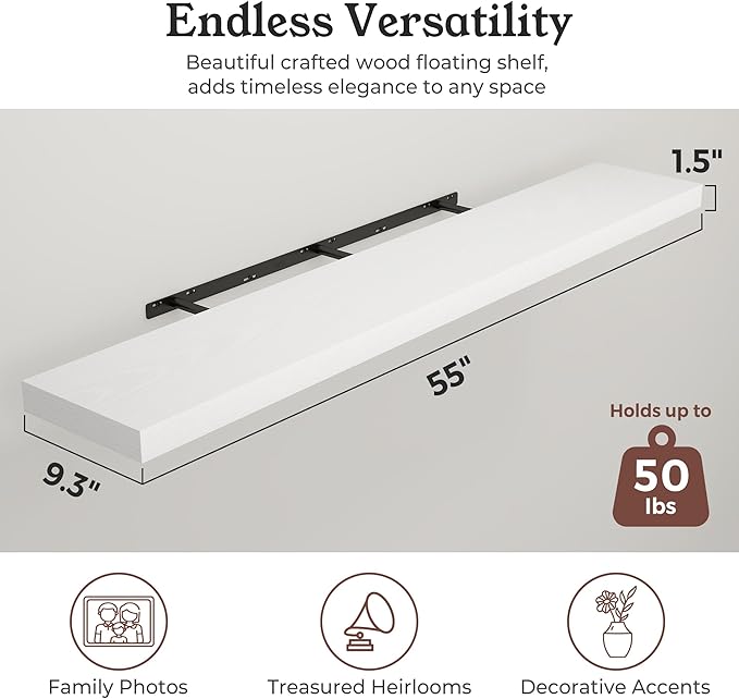Floating Shelves for Wall, 9.3" Deep Wall Mounted Wood Shelves for Bathroom, Bedroom (White, 55)