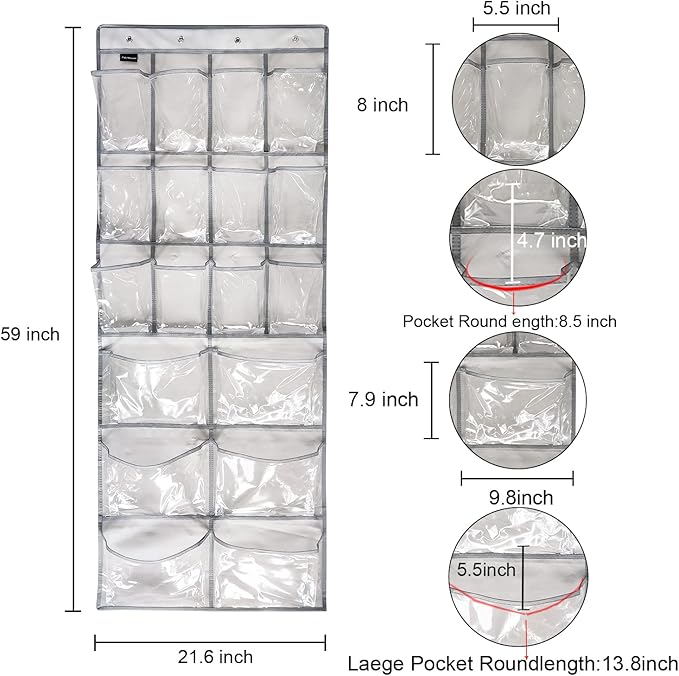 2 Pack Extra Large Hanging Crystal Clear Over Door Shoe Organizers, Closet Shoe Rack Organizer, 12+6 Pockets, 8 Hooks, Grey (