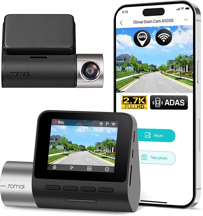 70mai 2.7K Dash Cam Front A500S, 1944P Dash Camera for Cars with Sony IMX335, Dashcam Built-in WiFi GPS, Optional Rear Dashca
