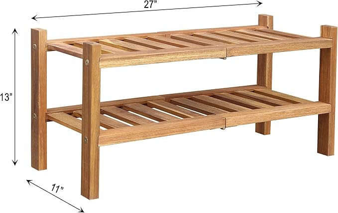 Acacia Wood Shoe Rack 2 Tier (Brush Teak Finish) – Stackable Shoe Organizer Two Tier Shoe Rack – Sturdy Wooden Shoe Storage S