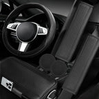 NBTEPEM 6 PCS Car Steering Wheel Cover Set, Microfiber Leather Steering Wheel Covers Universal 14.5-15 inch, Center Console Cover, Seat Belt Cushion, Cup Holder Coaster, Car Accessories Set Black