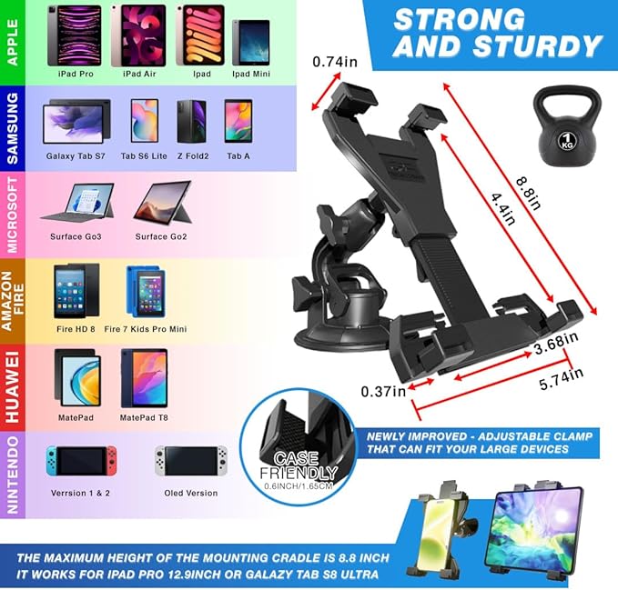 Randconcept 3-in-1 Heavy Duty Dashboard Tablet Holder for Car, Windshield Suction Cup Car Mount & Air Vent Mount for Truck Car for iPad Pro, iPad mini, Galaxy Tab for All iPad 6"- 12.9" Tablets