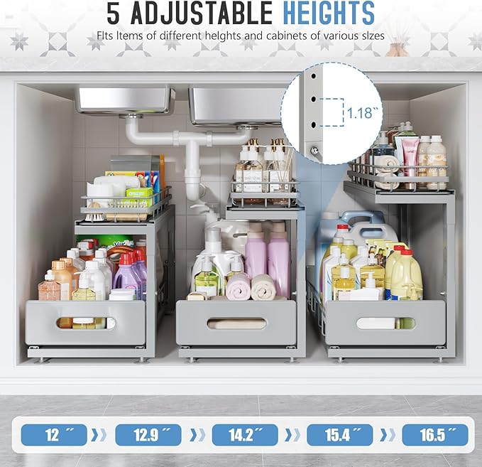 Under Sink Organizer Upgrade To Professional Rails,2-Tier Dual Pull Out Cabinet Storage,Height Adjustable Slide Out Drawers F