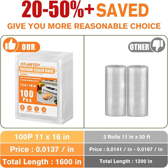 FUNFERY Precut Vacuum Sealer Bags for Food, 100 Gallon 11" x 16", Food Long-Term Storage and Sous Vide Commercial-Grade Bag, 