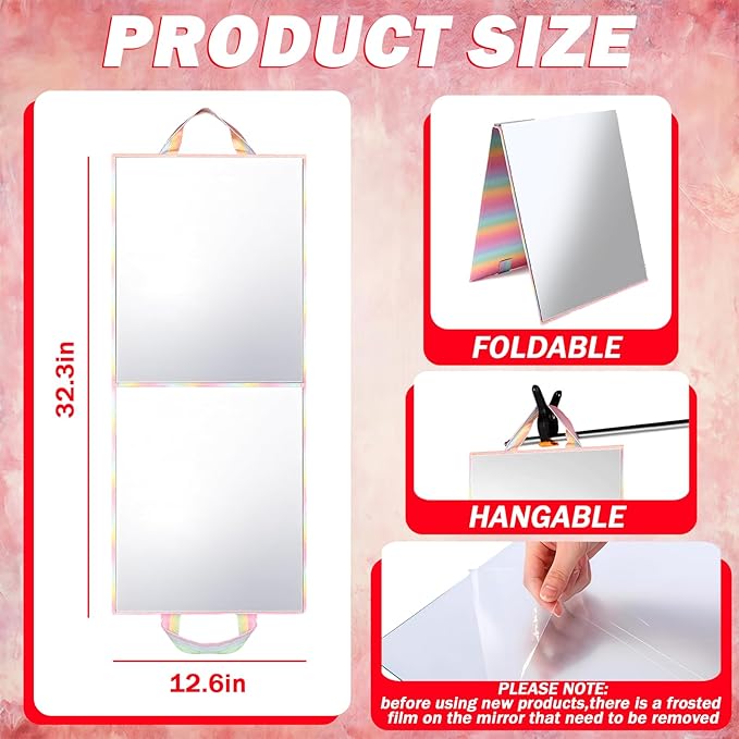 Foldable Full Length Mirror, Hanging Wall Mirror Portable Travel Mirror with Handle for Dance Home Bedroom Wardrobe Stage Mak