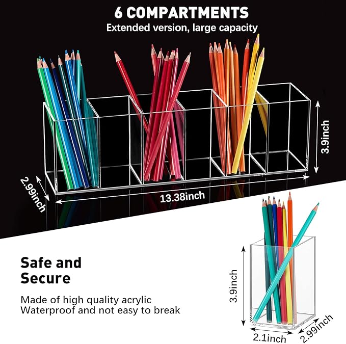 Jetec Acrylic Pen Holder 6 Compartments Makeup Brush Stationery Organizer Pencil Holder for Desk Accessories, Cosmetic Brushe