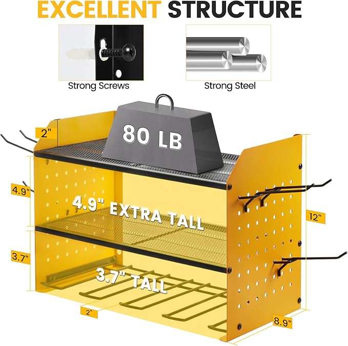 TRZZ Power Tool Organizer Wall Mount, 3-Layer Drill Holder with 2 Side Pegboards, Cordless Drill Rack with 4 Hooks, Efficient